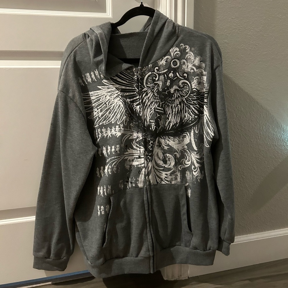 GRUNGE GREY SKULL WINGS ZIP UP